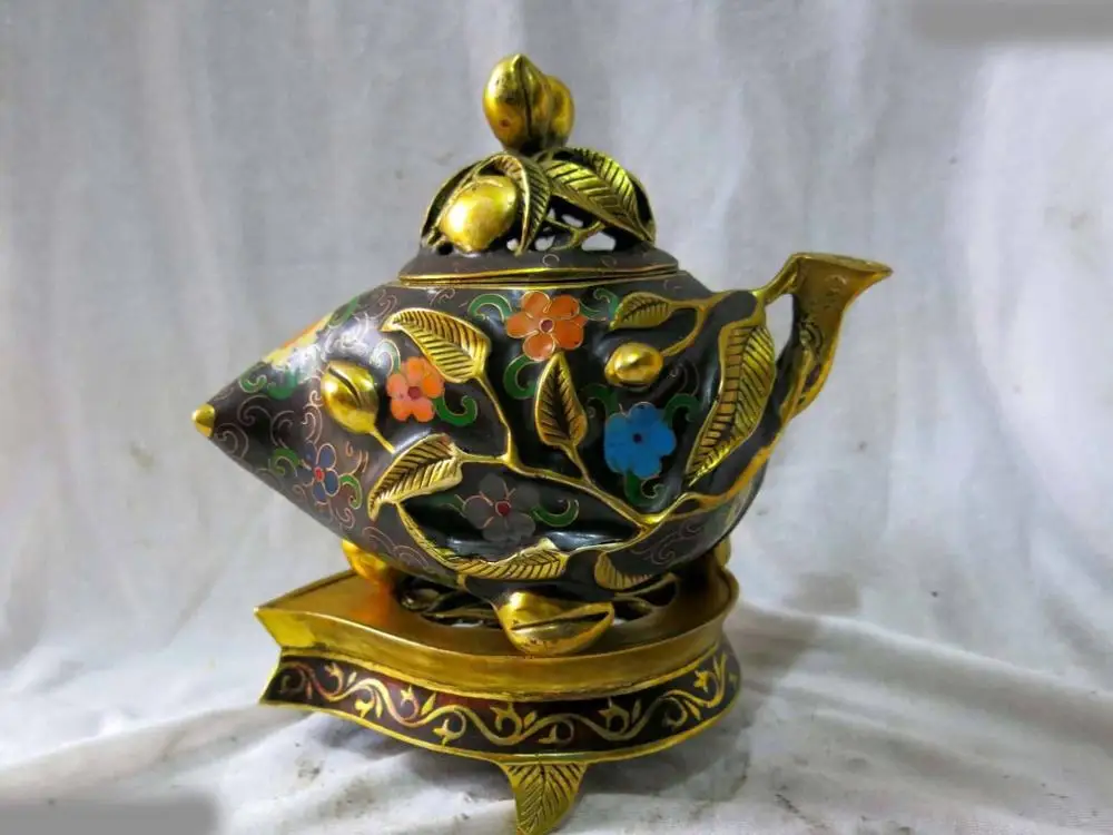 

8' China bronze gold Cloisonne Beautiful flat peach Incense burner Sculpture