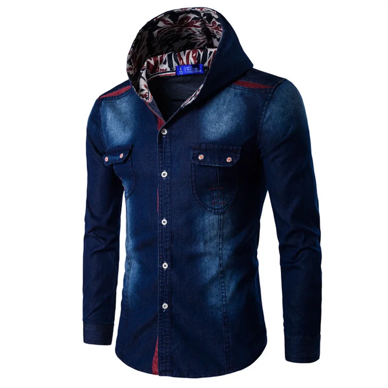 

Fashion 2017 indoor Cowboy Autumn Winter Men Jeans cargo Shirt long Sleeve Hoody Blue Cotton Slim Fit Hooded Casual Denim Shirts