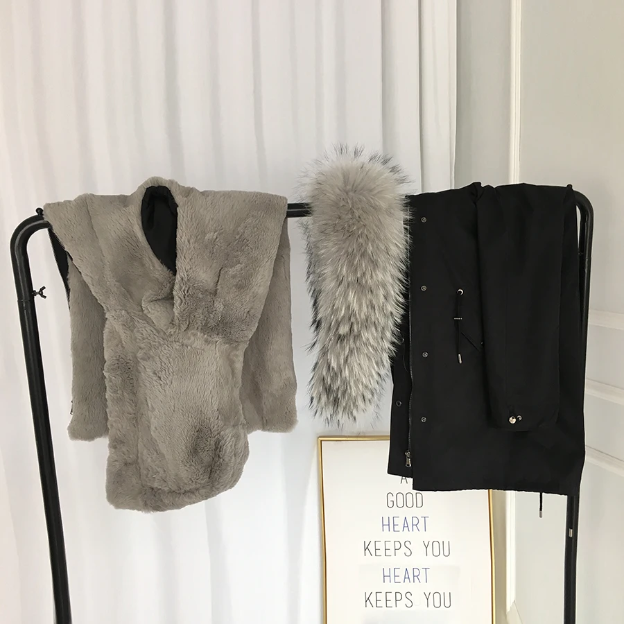 Women real fur parka winter warm natural large raccon dog fur collar with real rex rabbit fur liner coat winter jacket 90CM