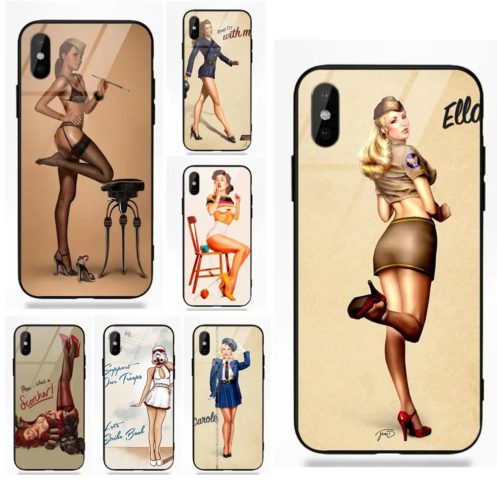 

Sexy Simple Pin Up Girl Silicone TPU Frame Tempered Glass Capa Cover Case For Apple iPhone 5 5C 5S SE 6 6S 7 8 Plus X XS Max XR