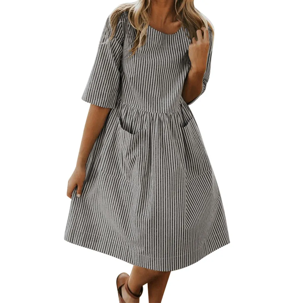 

Women Loose striped pocket dress summer Casual O neck half Sleeve knee-length dress Ladies 2019 fashion party dresses XL#5%
