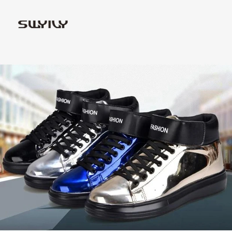 

SWYIVY Men Sport Shoes Patent Leather Hook&Loop 2018 New Autumn Men Skateboarding Shoes Flat Heel Sneaker's Men Light Weight