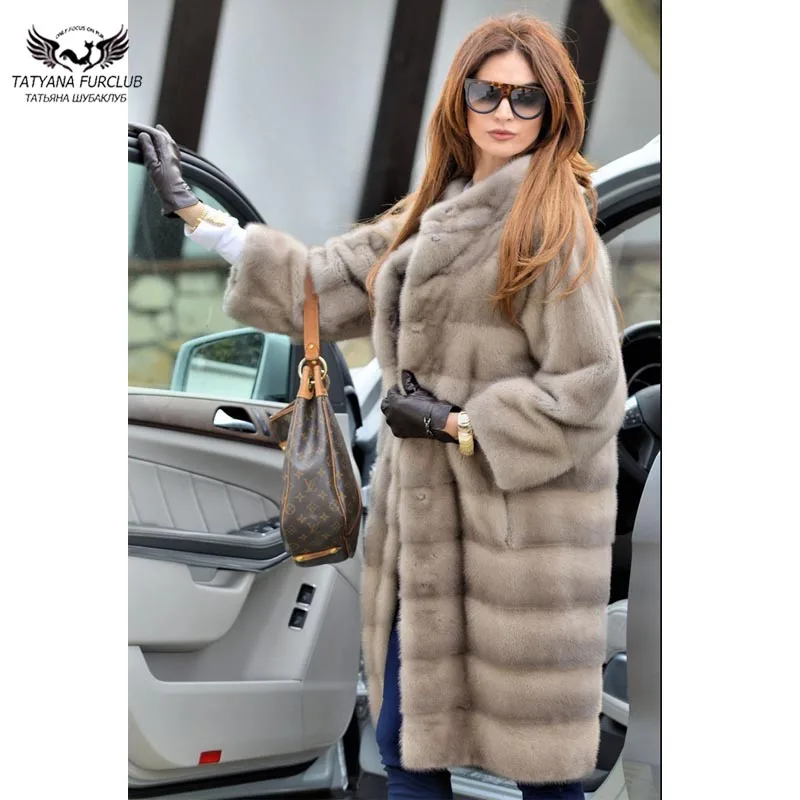 Tatyana Real Fur Mink Fur Coat Women 100 CM Slim Mink Fur Coats Collar Genuine Leather Outwear Jacket Fashion Overcoats winter