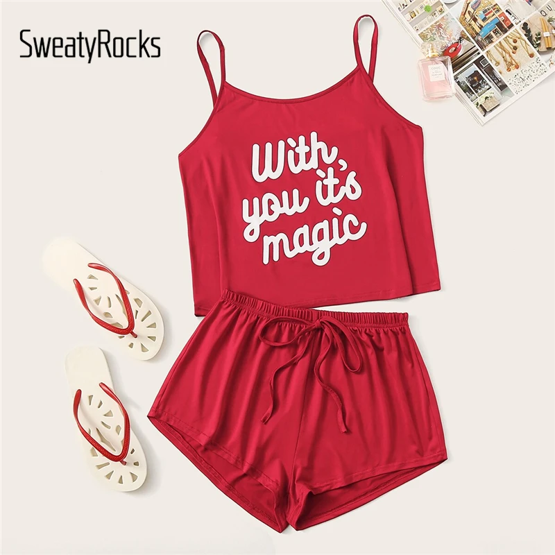 SweatyRocks Bright Red Letter Print Cami Pajama Set Kawaii Sleeveless Pajamas For Women Short Sets Summer Casual Pajama Sets