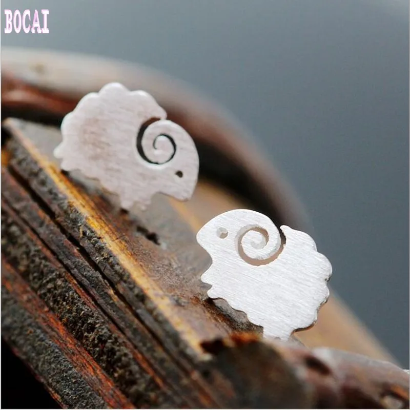 

2019 Silver Genuine s925 Sterling Silver Stud Earrings Hand-brushed Tremella Jewelry Sheep Stud Earrings