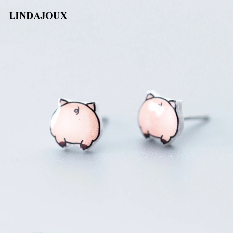 

LINDAJOUX 925 Sterling Silver Cute Pig Charm Stud Earrings For Women sterling-silver-jewelry Small Studs Earring