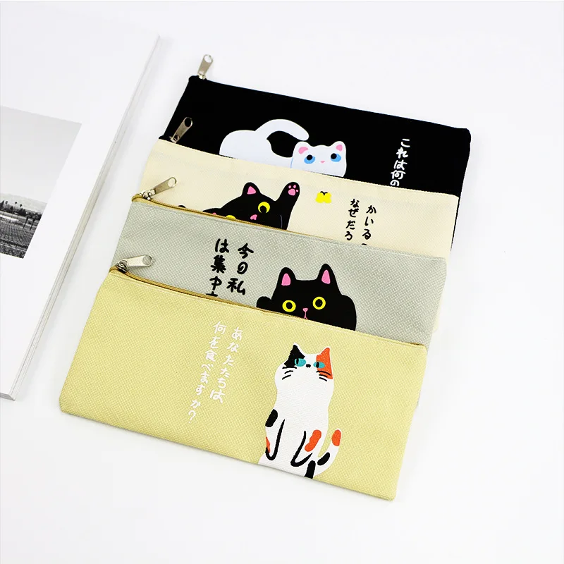 4 Styles Simple Cat Cartoon Creative Canvas Bag Female Student Bulk Zippered Pencil Case Pencil Bag Student Stationery Office