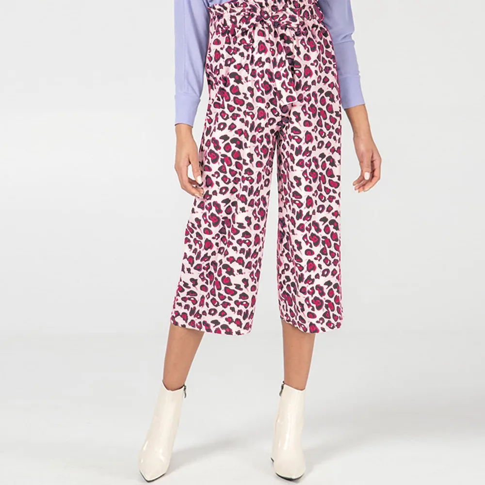 Pants women summer pantalon femme casual pants streetwear Casual Elastic Band Belt Leopard Print Lady Wide Leg Pants Y621