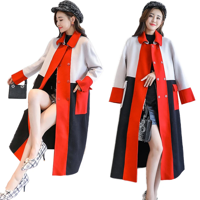 

Spring New Elegant Woolen Coat Contrast Color lapels long Parka Wool Coat Women Autumn And Winter High Quality blend Slim Blazer