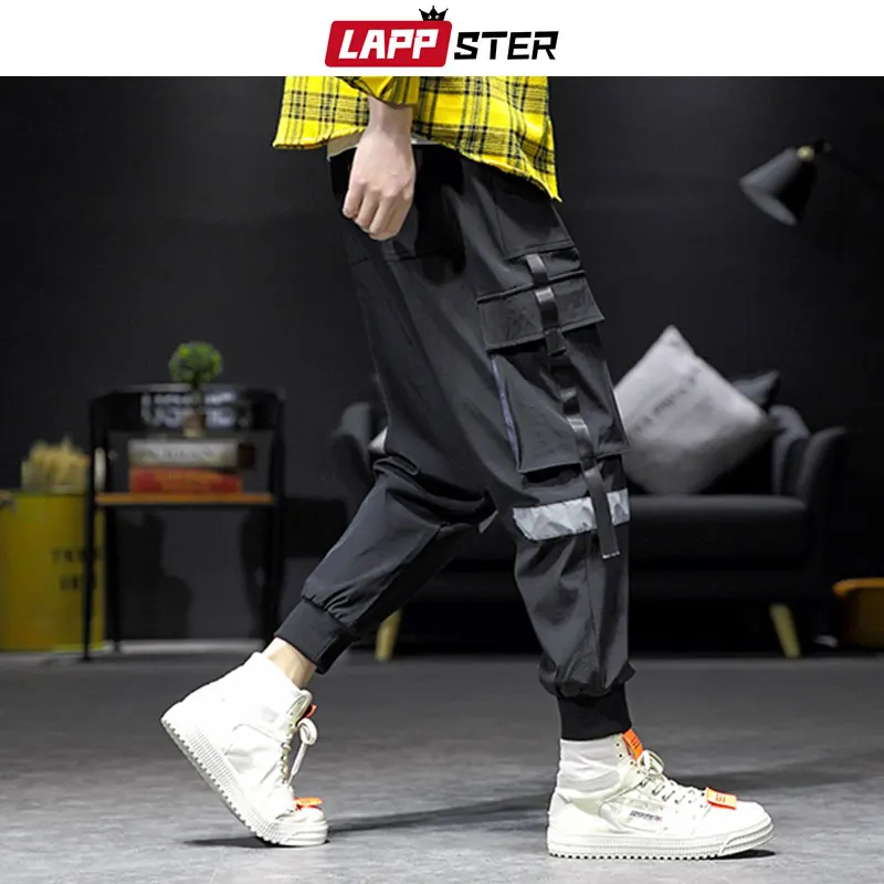 Tanie LAPPSTER Streetwear Hip Hop Cargo spodnie 2019 jesień mężczyzna Baggy kieszenie wstążka spodnie joggery mężczyźni Japanes Style czarne spodnie Harem