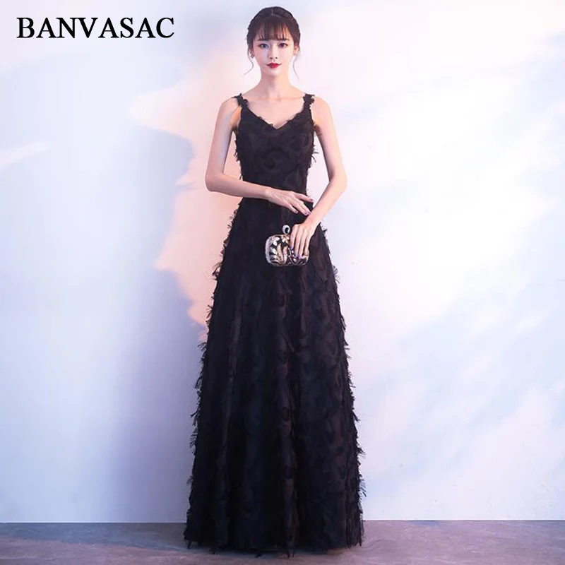 

BANVASAC Elegant V Neck A Line Feathers Long Evening Dresses 2018 Spaghetti Strap Tulle Backless Party Prom Gowns