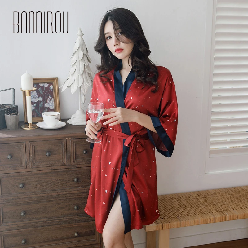 

1 Pcs Woman Robes Kimono Sexy Silk Chiffon Stain Sleep Wear Home Suit Summer New Female Lingerie Bathrobes For Woman BANNIROU