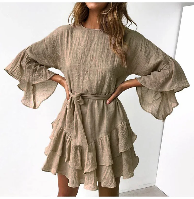 Vestidos, мини-платье трапециевидной формы с круглым вырезом и рукавом средней длины, на шнуровке, однотонное плиссированное платье с рукавами-бабочками, новинка, весеннее женское Повседневное платье