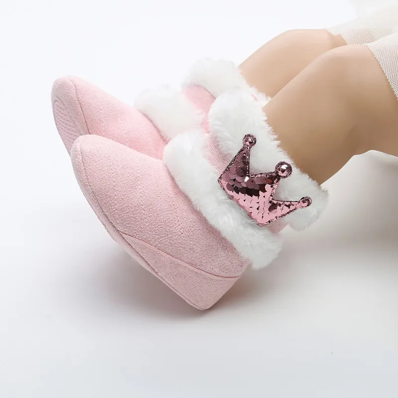  0-18M Cute Newborn Infant Baby Girls Winter Warm Crown Fur Mid-Calf Length Slip-On Furry Boots
