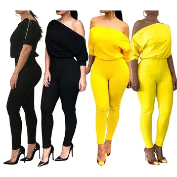 

2019 Women Off Shoulder Skinny Bodycon Jumpsuits Zipper Short Sleeve Long Rompers Solid Slim Club Playsuit