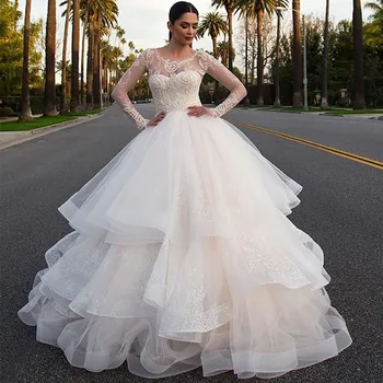 

Bead And Pleat Cathedral Train Princess Wedding Dress Vestidos De Novia 2019 New Arrival Long Sleeve Bridal Ball Gown