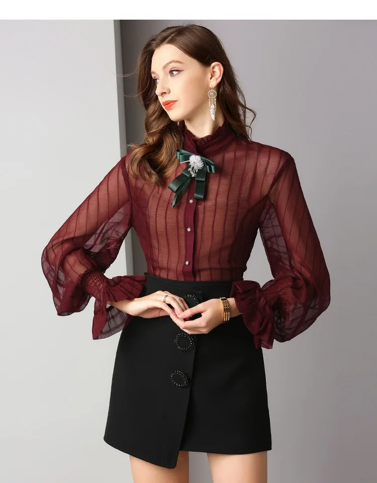 wine red Топы, модная блузка, весенне-летняя винтажная рубашка для женщин, украшенная бисером, галстук-бабочка, элегантная рубашка с рукавом-фонариком, желтая, винно-красная рубашка, Blusas - Цвет: wine red