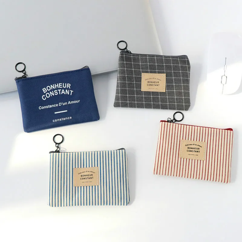 

Simple Grid Stripe Coin Purse for Kids Women Zipper Canvas Small Change Bag Children Boy Unisex Headset Key Card Coin Bag Pouch