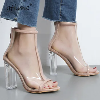 

Gtime PVC Clear Heel Transparent Shoe Peep Toe Ankle Boots Bootie High Top Perspex Lucite Summer Sandals Block Heel Pumps ZWS209