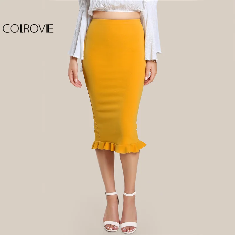

COLROVIE Split Ruffle OL Pencil Skirt Women Yellow Sexy Slim Elegant Work Summer Skirts Fashion New Brief High Waist Skirt