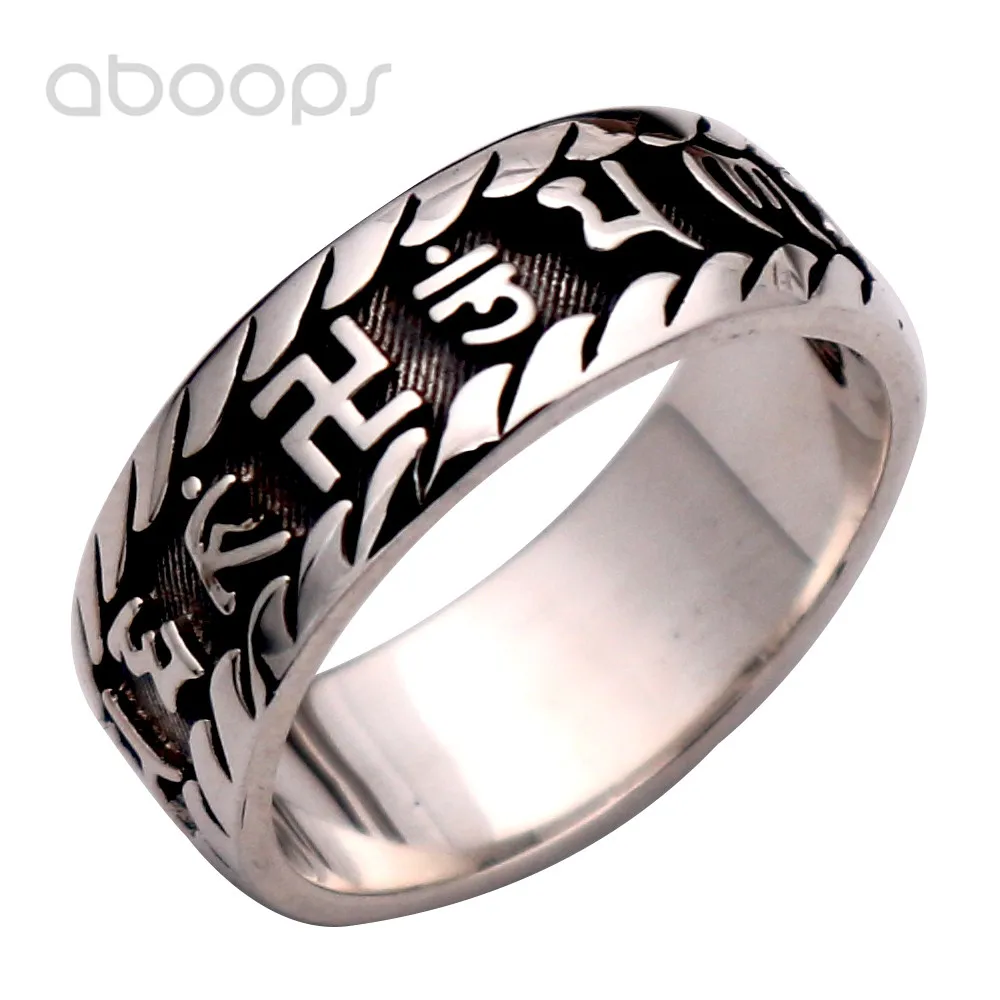 

8mm Vintage Black 925 Sterling Silver Buddhism Sanskrit Om Mani Padme Hum Band Ring Jewelry for Men Women Size 6 7 8 9 10 11 12