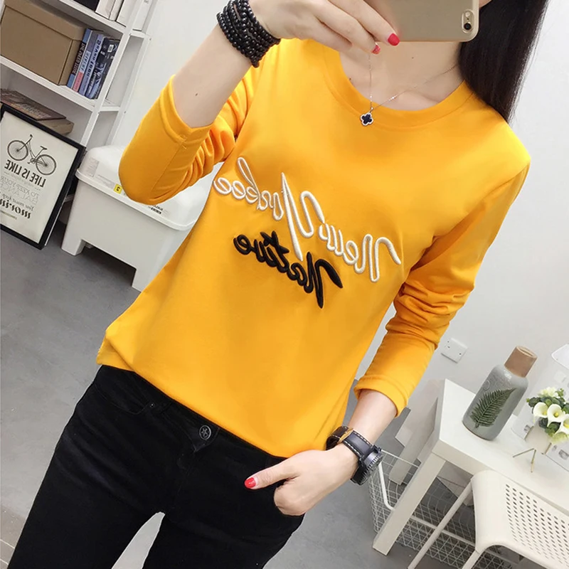 Cartoon Embroidery Autumn T-shirt Women New Fashion Simple Long Sleeve Tops Lovely Black White Loose Female T-shirt Plus Size Cartoon Embroidery Autumn T-shirt Women New Fashion Simple Long Sleeve Tops Lovely Black White Loose Female T-shirt Plus Size