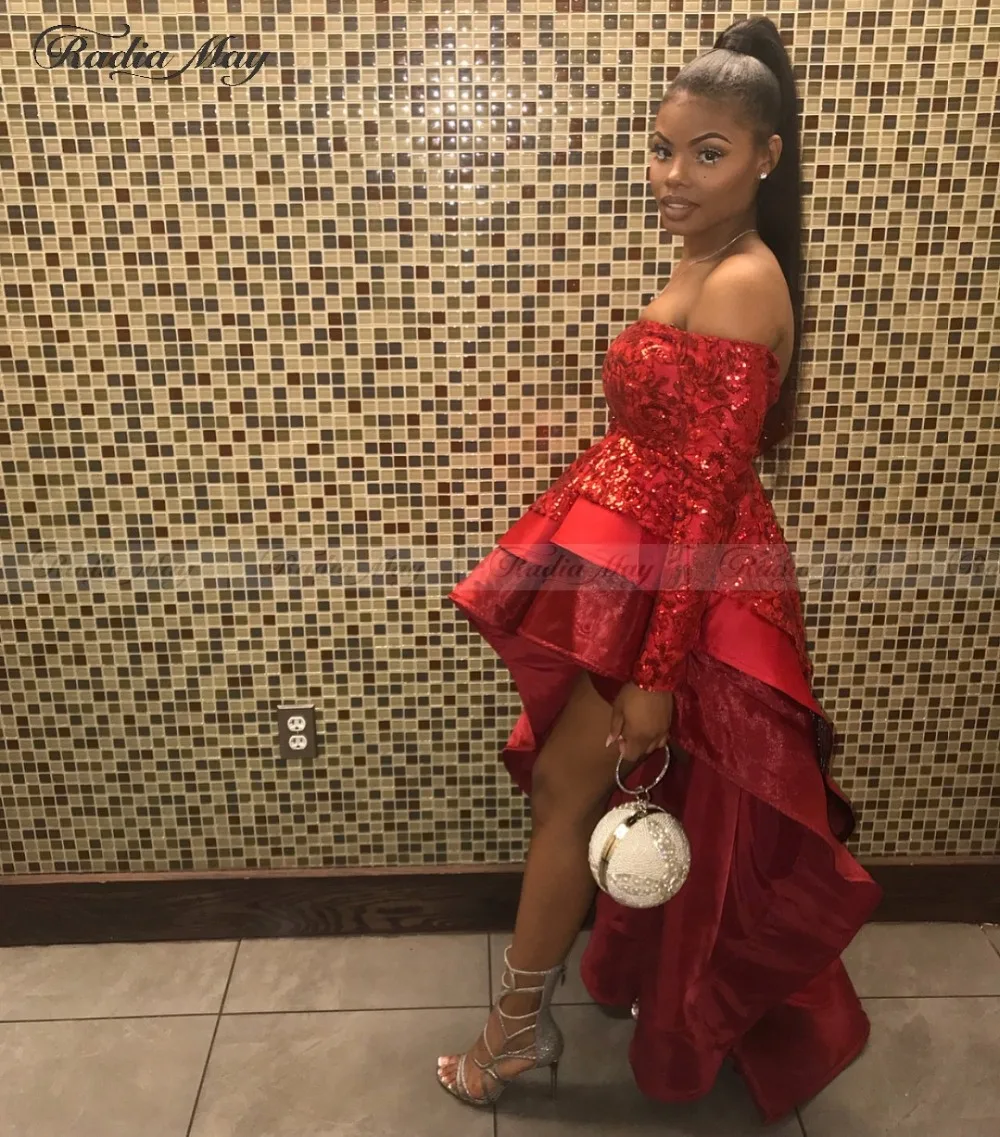 Red Off Shoulder High Low Prom Dress Long Sleeves Sparkly Sequin Ruffles Plus Size African Graduation Dress Formal Gowns