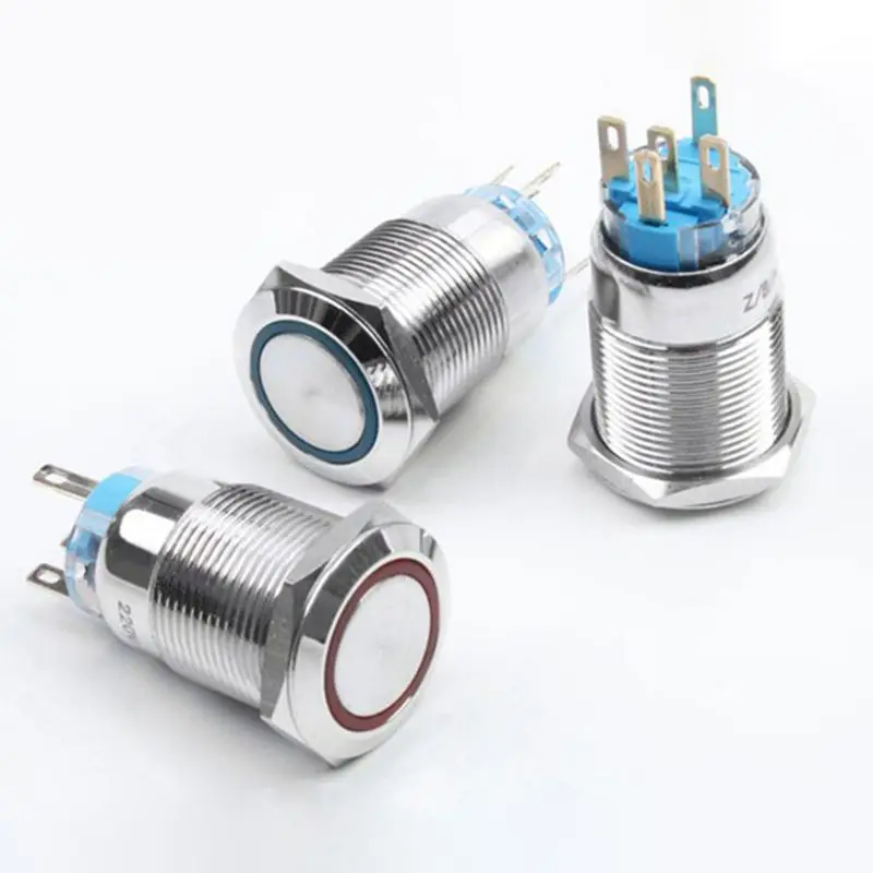 19 мм с резьбой Длина 35 мм 12 V 24 V 220 V светодиодный Вкл/Серебряный Водонепроницаемый Self-закрывающая защелка Кнопка Плоский переключатель автомобиль переключатель