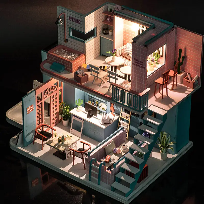 Pink Coffee Cafe DIY Doll House Wooden Doll Houses Miniature Dollhouse Furniture Kit with LED Toys for Children Christmas Gift