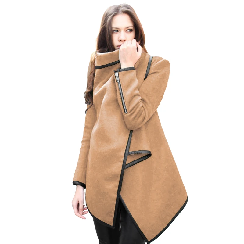 Модное женское Асимметричное пальто однотонного цвета с отложным воротником, с длинными рукавами, тонкая куртка, пальто свободного кроя, длинная верхняя одежда - Цвет: Хаки