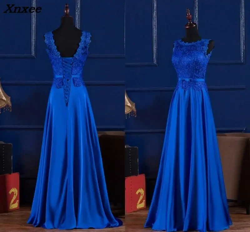 

New Royal Blue/Wine Red Lace Satin Long Dresses For Wedding Party Summer Prom Evening Gowns 2018 Slim Maxi Dresses Plus Size