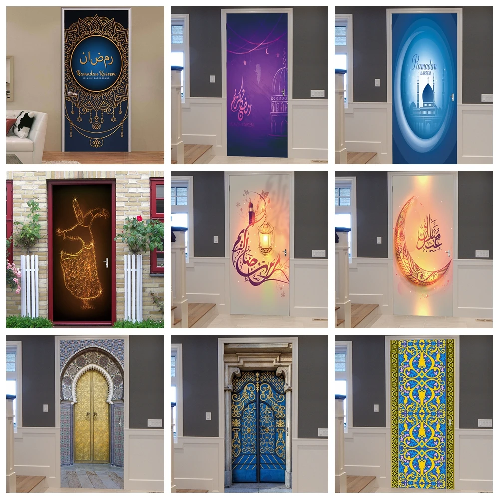 

3d door stickers of Muslim Eid Mubarak decoration home wallpaper for door PVC Self-adhesive removable door mural 77*200cm