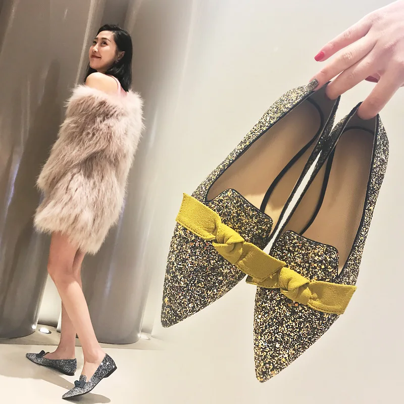 Stylesowner сладкий ботинок с банток острый носок Bling блёстки слипоны сезон: весна-лето обувь цвет серебристый, золотой черный на плоской подошв