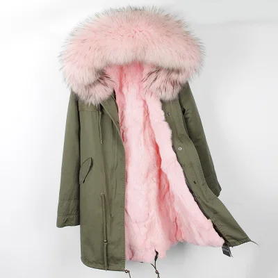 Пальто с натуральным мехом, зимняя женская куртка, воротник из натурального меха енота, подкладка из кроличьего меха, Толстая теплая уличная одежда, бренд класса люкс, отстегивается - Цвет: green pink C