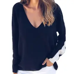 Для женщин модные, пикантные Свободные длинным рукавом v-образным вырезом с вязаный свитер топы дамы Повседневное Свободный пуловер Топы