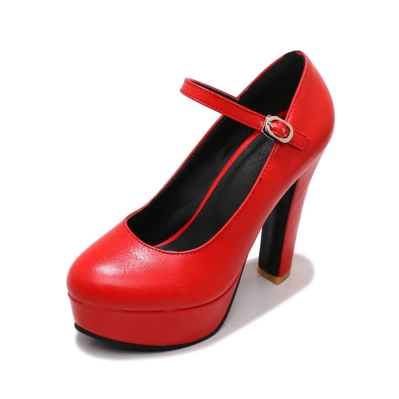 BONJOMARISA/ г. Демисезонные женские туфли-лодочки mary jane больших размеров 30-44 Черная женская обувь на высоком каблуке пикантная женская обувь из органической кожи на платформе - Цвет: Красный