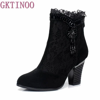 

Genuine leather female spring and autumn boots high heels shoes net Ankle boots lace women's shoes