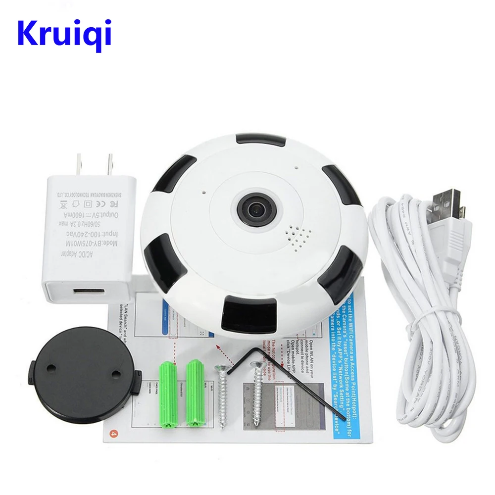 Kruiqi Wifi IP камера 1080 P 2.0MP 360 градусов панорамная рыбий глаз беспроводная камера безопасности для помещений с ночным видением, двухстороннее аудио