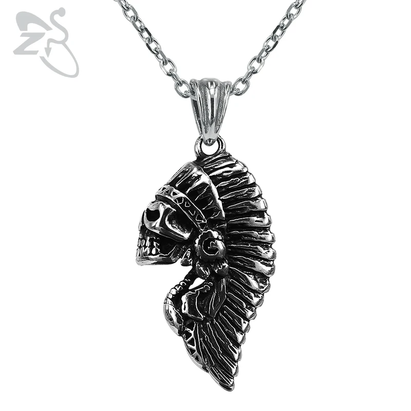 

ZS Stainless Steel Necklace for Men Indian Skull Pendant Necklaces Punk Style Biker Jewelry Hip Hop Skeleton Necklace 2018