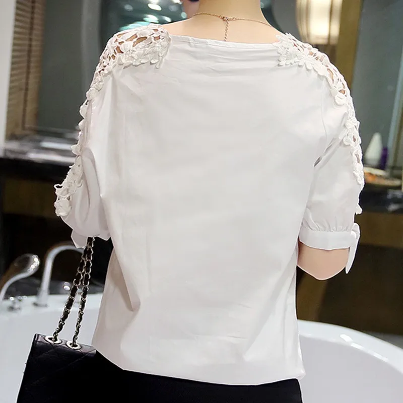 Taille Vêtements Casual Out Plus Nouvelle À Manches Noir Tops Blouses Chemise Chemises Dentelle Creux Femme La Femmes blanc Courtes vax1qwEv