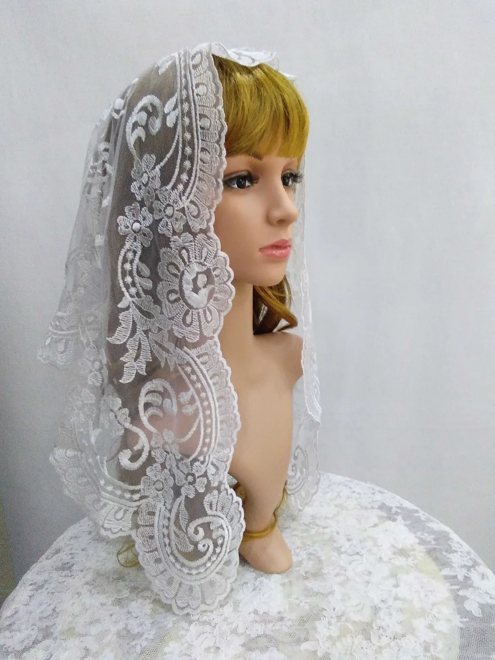 

Off white Embroidery Spanish Lace Mantilla Catholic Lace Shawl