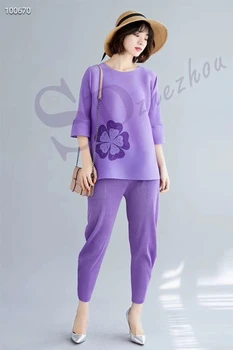 

HOT SELLING Fashion fold three quarter sleeve applique T-shirt + leisure nine points bell-bottomed pants suit IN STOCK