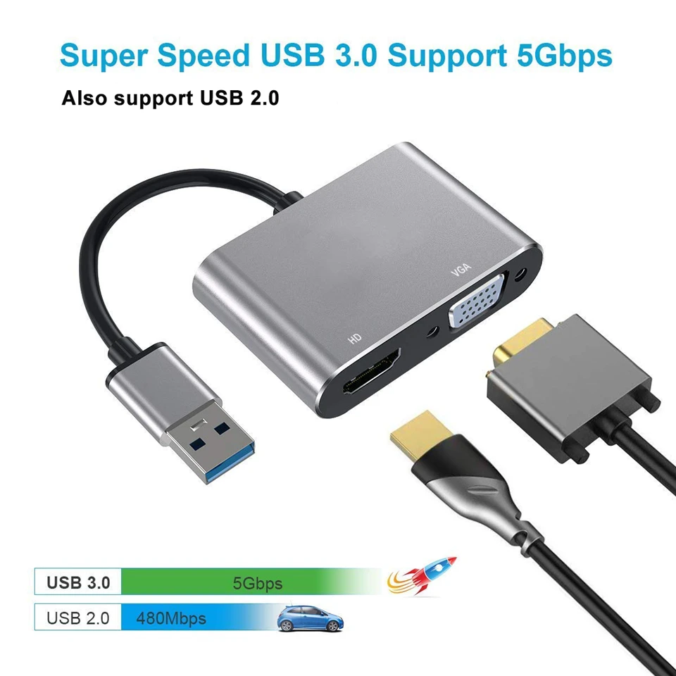 

High Quality USB 3.0 to HDMI VGA Adapter Dual Display USB to VGA HDMI Converter Cable for 1080P MacBook Windows 7/8/10 Computer