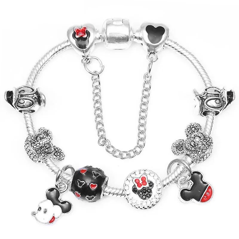 Boosbiy Dropshipping Cute Mickey Minnie Charm Bracelet For Women Kids With Silver Snake Chain Brand Bracelet Christmas Jewelry