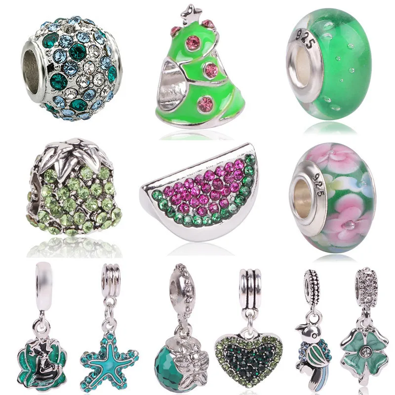 

Ranqin Lovely Green Beads Fit Original Pandora Bracelet Necklace Big Hole Diy Charms For Women Enamel Heart Shape Pendant