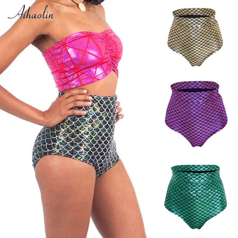 Vintage High Waist Fish Scales Bikini Bottoms Plus Size Swimwear Women