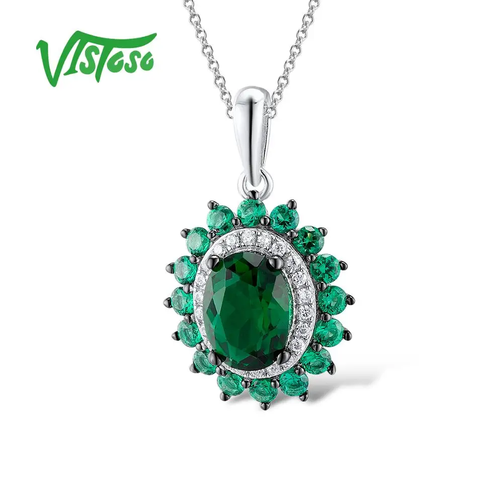 

VISTOSO Necklaces Pendants For Women's Jewelry Oval Green Spinel Round White Cubic Zirconia 925 Sterling Silver Fine Jewelry