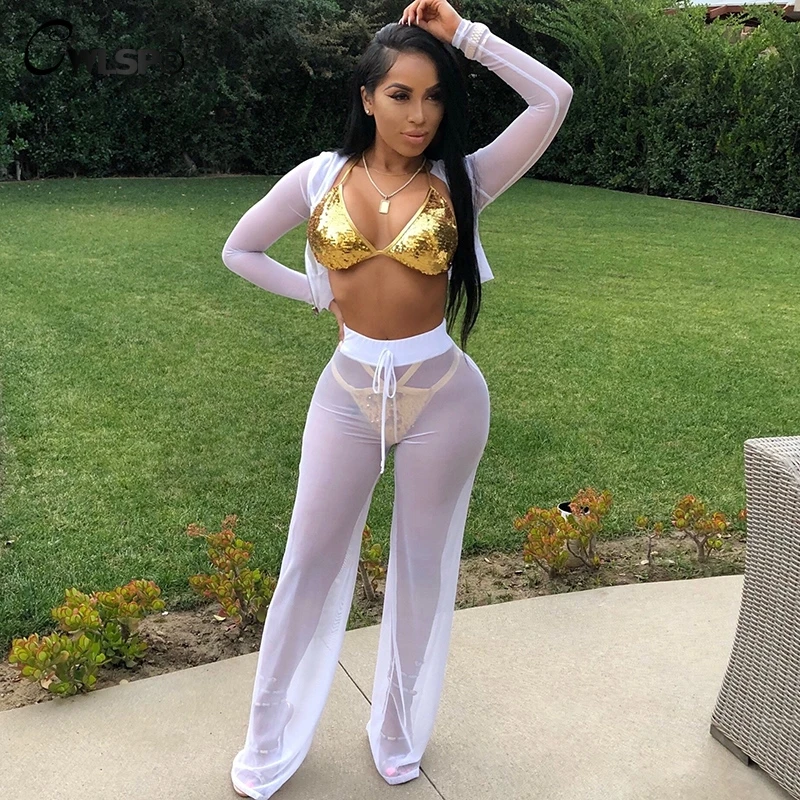 

CWLSP 2018 Crop Top Full Pants Mesh See Through 2 Piece Set Long Sleeve thin jacket Drawstring trousers Sexy Woman Sets QZ2400