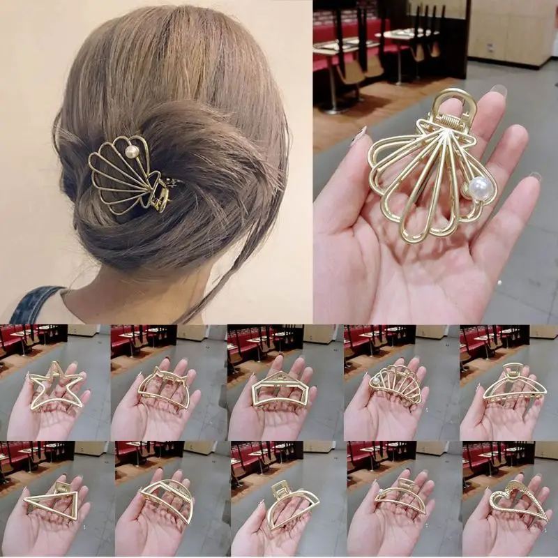 

14 Styles Minimalist Large Size Metal Alloy Polished Hair Claw Clips Hollow Out Geometric Shape Faux Pearl Ponytail Holder Clamp