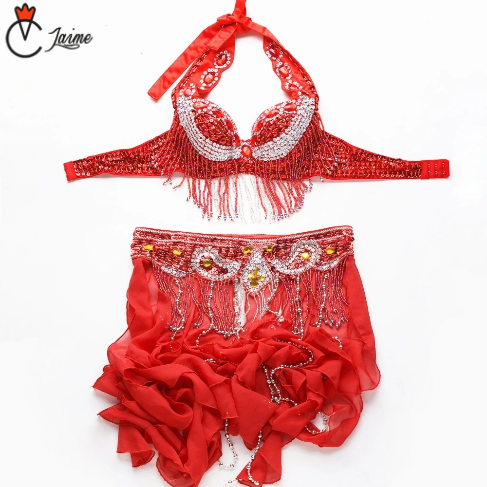 

Size XL Performance Dancewear Professional women's costume for oriental dances Beads Costume Belly Dance Bra Belt with Fringe